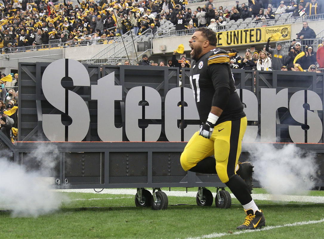 Pittsburgh Steelers defensive tackle Cameron Heyward (97) reacts as he takes the field to play the New Orleans Saints at Acrisure Stadium.