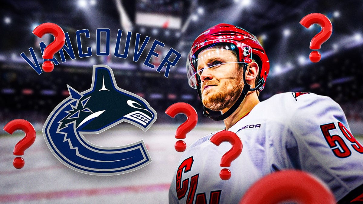 Carolina Hurricanes winger Jake Guentzel next to a logo for the Vancouver Canucks and a big question mark emoji.