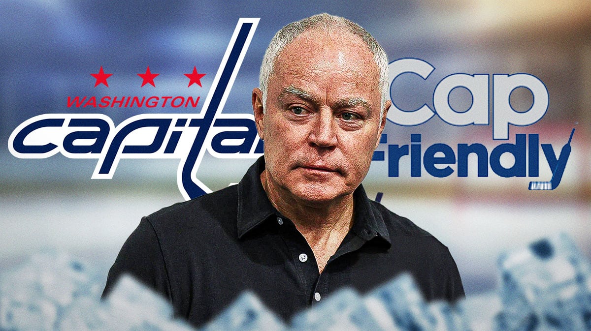 General manager Brian MacLellan in image, Washington Capitals logo, CapFriendly logo, hockey rink in background