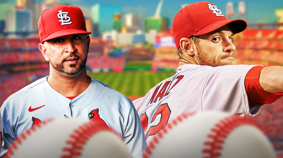 Photo: Oli Marmol looking on at Steven Matz pitching in Cardinals jersey