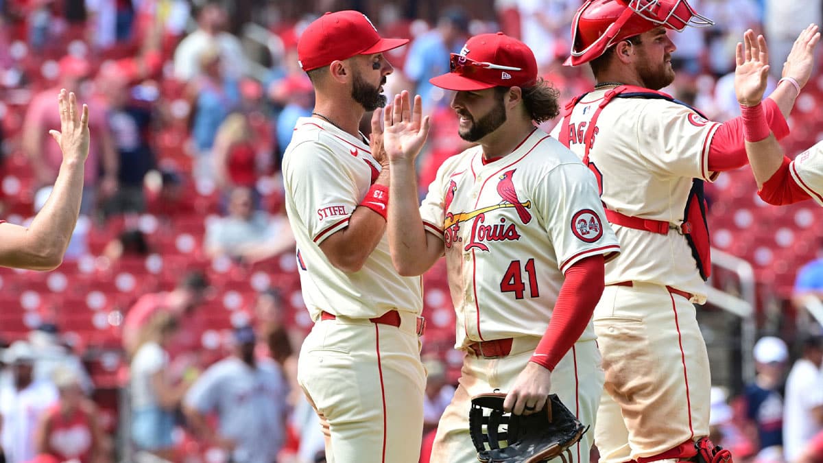 St. Louis Cardinals outfielder Alec Burleson (41) is congratulated by teammates after he made the last out against the San Francisco Giants