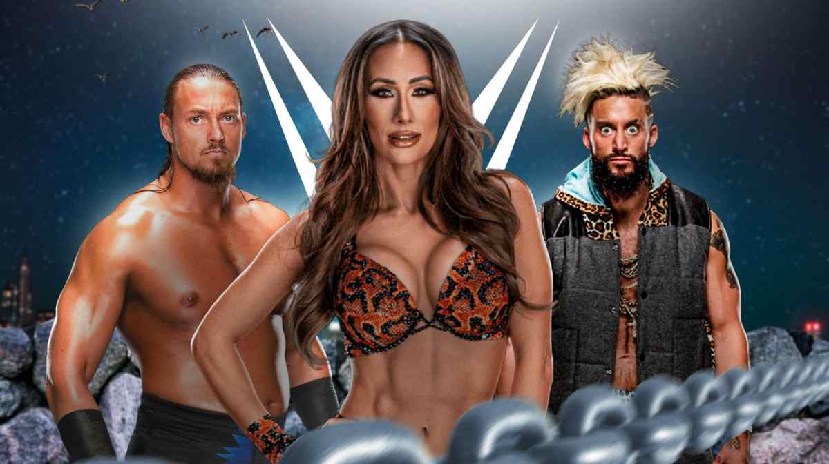 WWE's Carmella next to Enzo Amore and Big Cass with the WWE logo as the background.