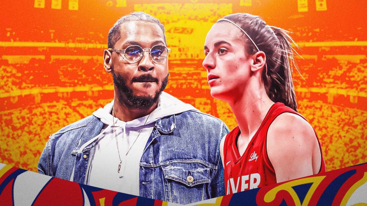 Indiana Fever star Caitlin Clark and former NBA player Carmelo Anthony in front of the Gainsbridge Fieldhouse.
