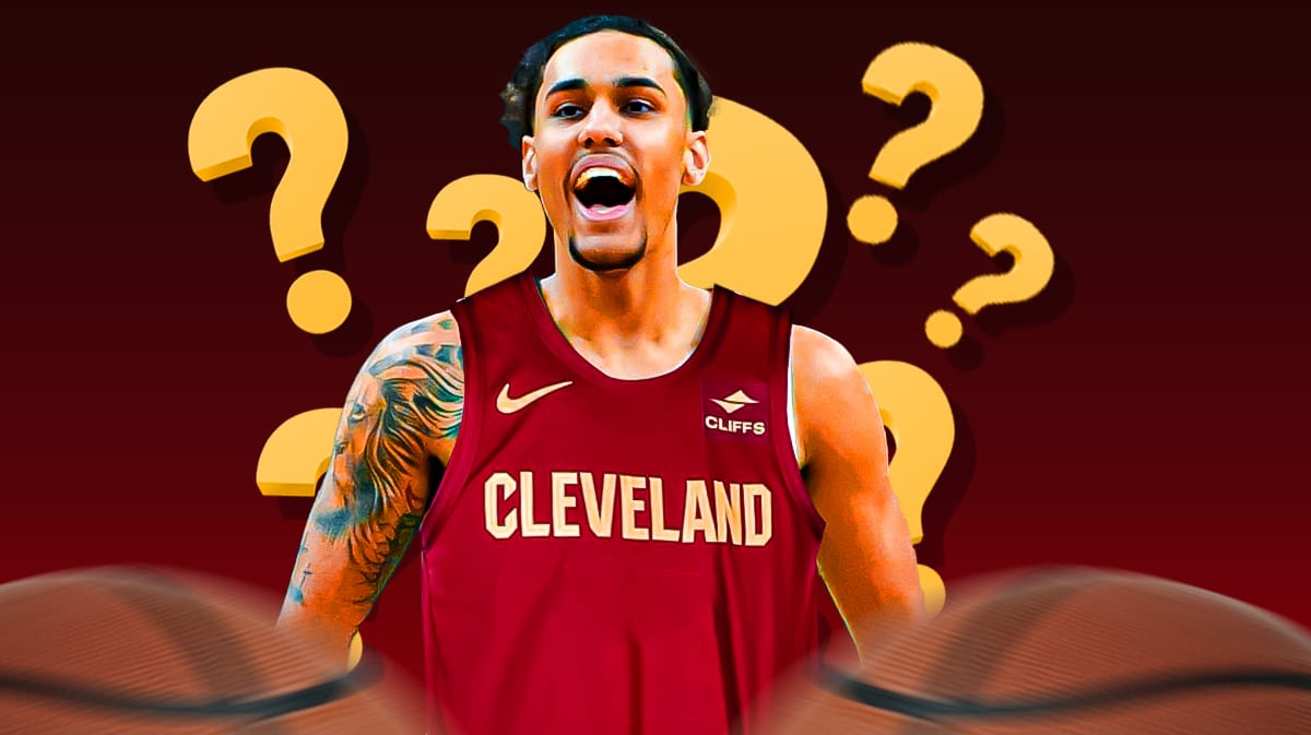 Jaylon Tyson in a Cavs uniform, surrounded by question marks