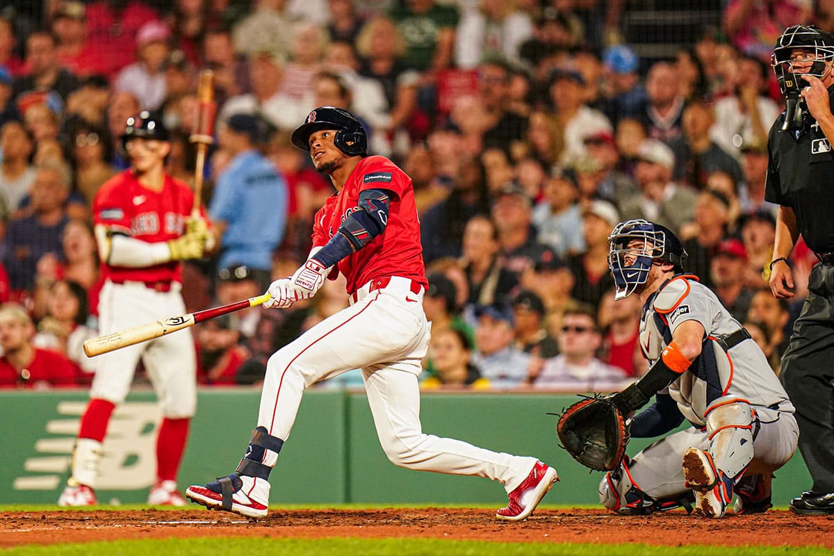 Boston Red Sox center fielder Ceddanne Rafaela (43) hits a two run home run against the Detroit Tigers in the sixth inning at Fenway Park.