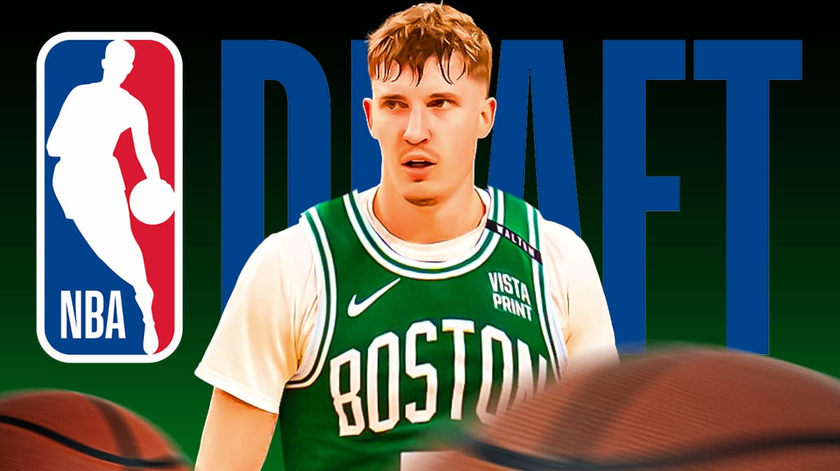 Baylor Scheierman in a Celtics jersey on an NBA Draft background