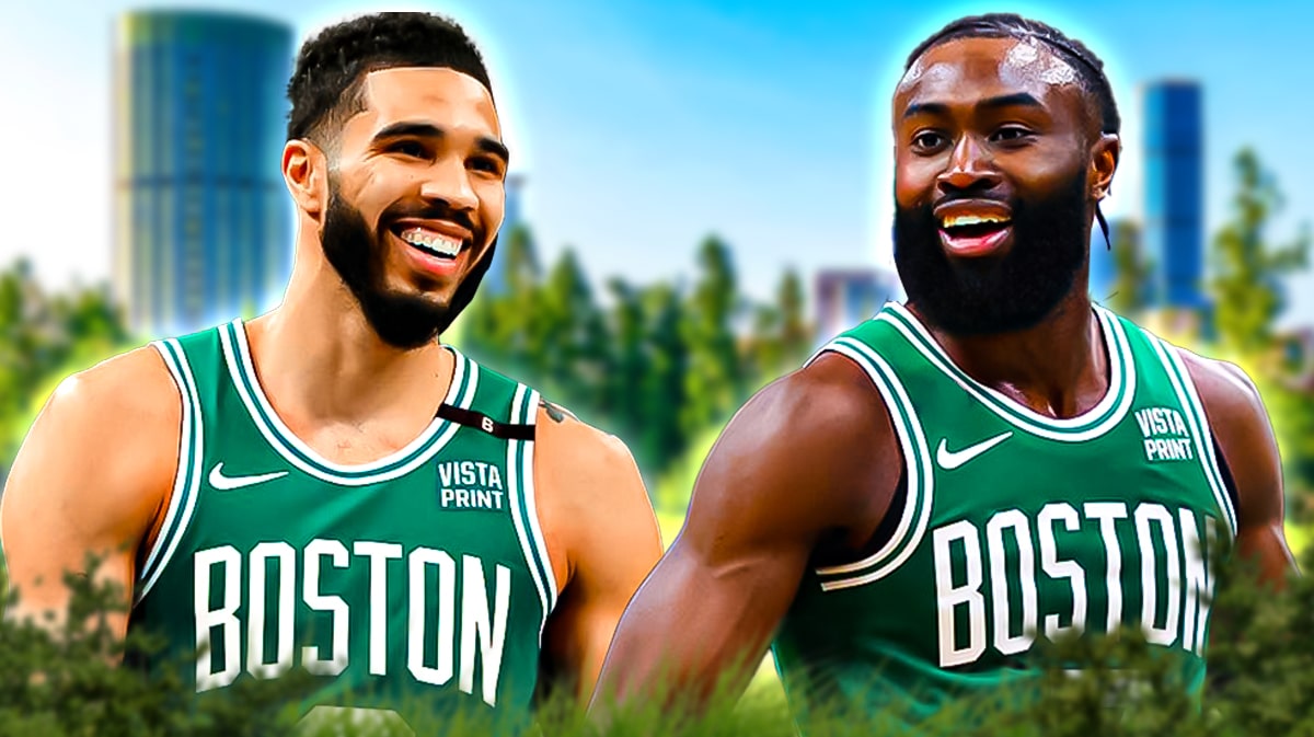 image idea: Jayson Tatum and Jaylen Brown looking zen/calm on a peaceful background