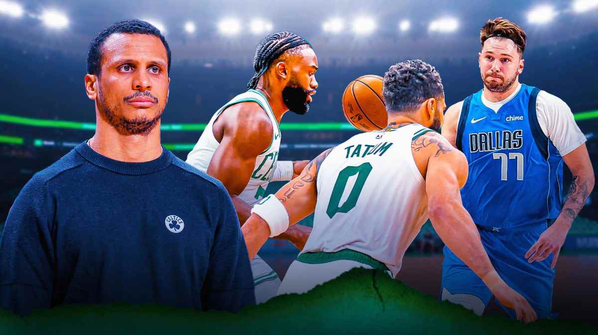 Celtics' Joe Mazzulla, Jaylen Brown, and Jayson Tatum setting up concrete barriers preventing Mavericks star Luka Doncic from passing