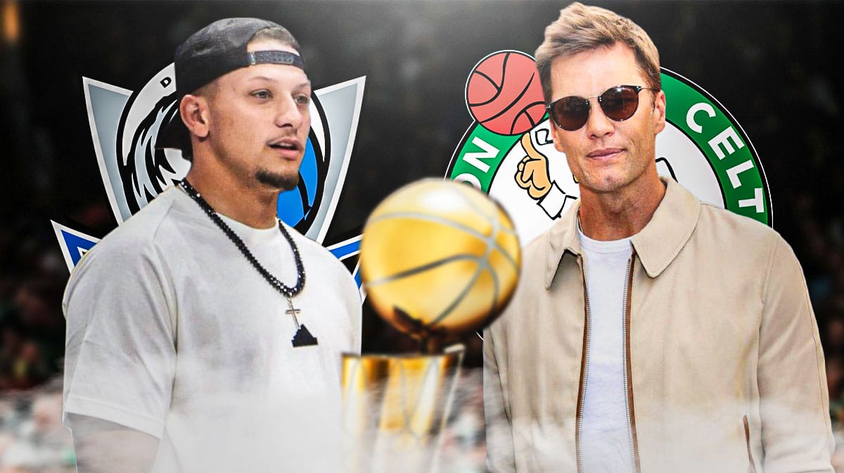 Patrick Mahomes in front of the Mavericks logo and Tom Brady in front of the Celtics' logo with the Larry O'Brien trophy in the middle