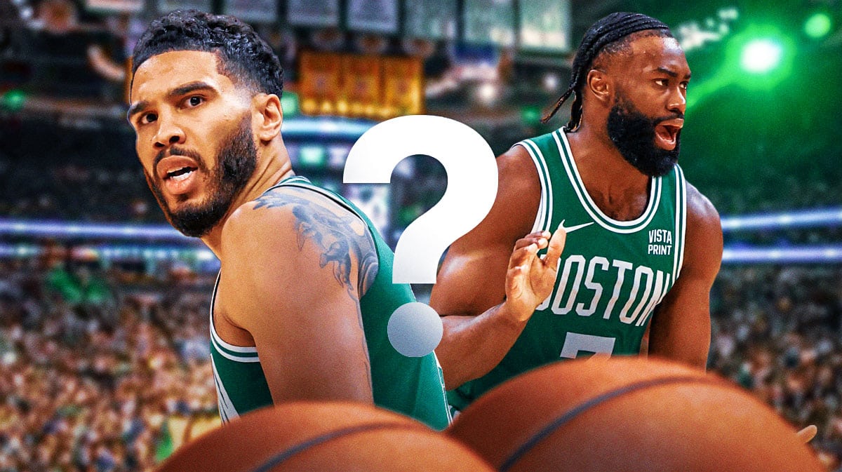 Jayson Tatum (left) and Jaylen Brown (right) facing a question mark that's in the middle of them. can be on an NBA Finals background or a basic Celtics background