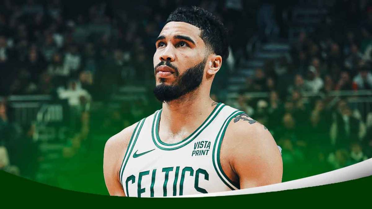 Jayson Tatum looking serious on an NBA Finals background