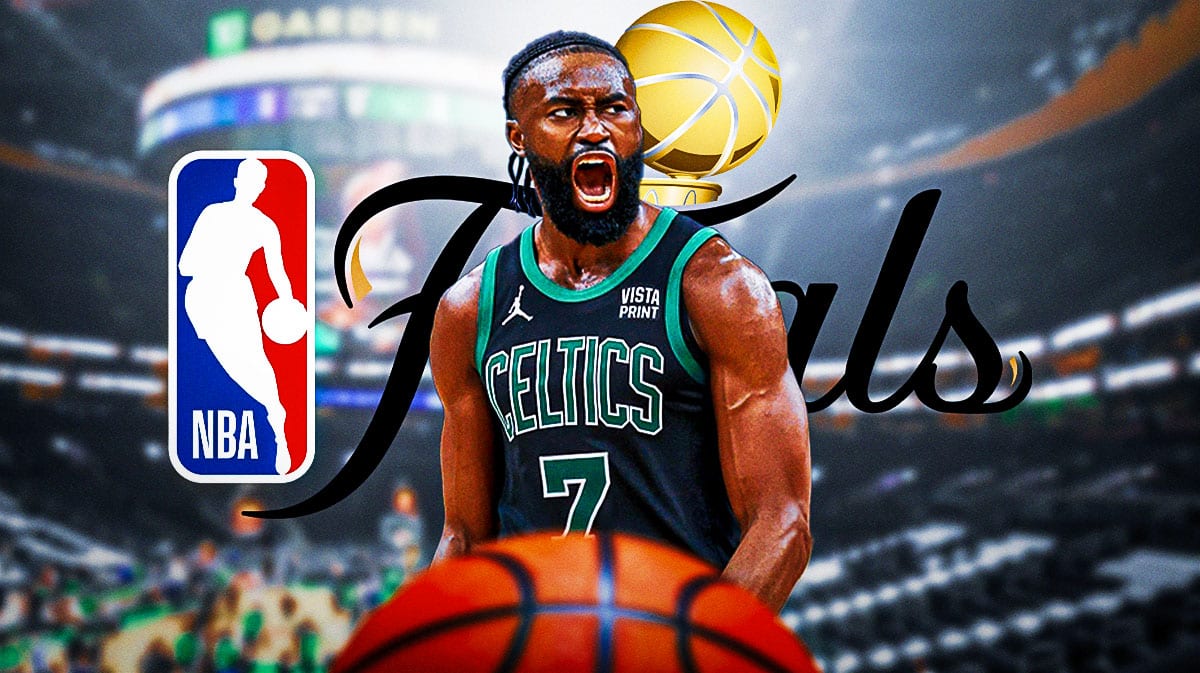 Boston Celtics star Jaylen Brown in front of the NBA Finals logo in front of TD Garden.