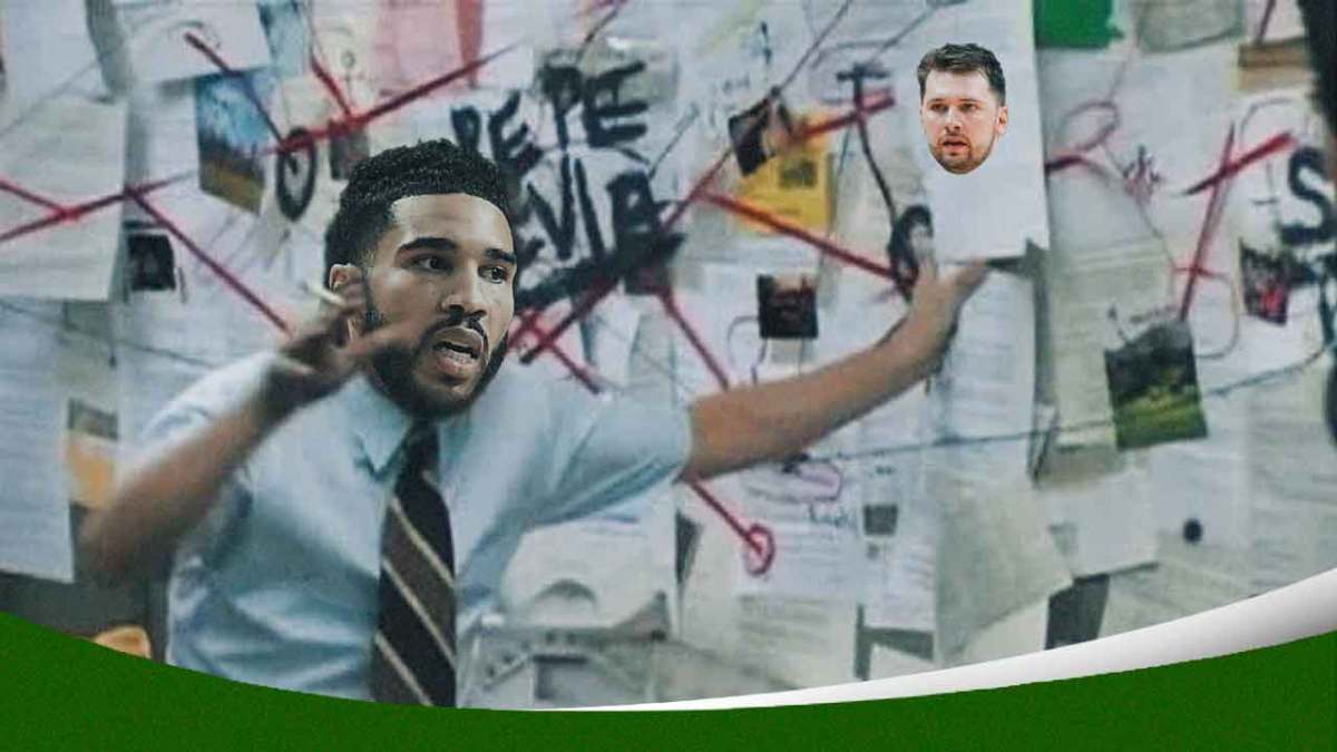 Celtics' Jayson Tatum as the guy on the Pepe Silvia meme. Luka Doncic's face on the paper
