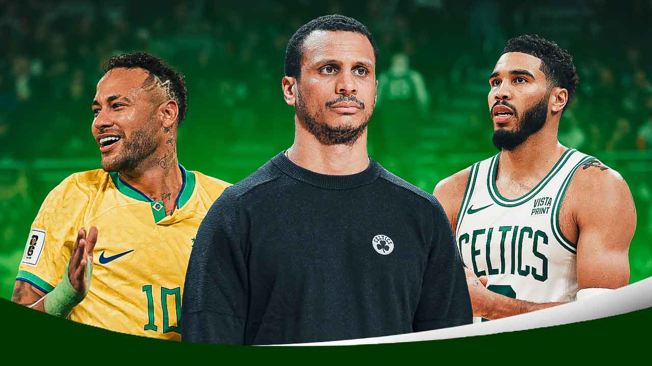 Boston Celtics' Joe Mazzulla and Jayson Tatum next to Brazilian soccer star Neymar in front of TD Garden.