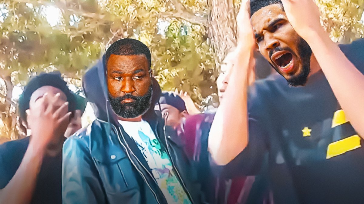 Kendrick Perkins as the guy in the hoodie and Jayson Tatum as the guy on the RIGHT with hands on head