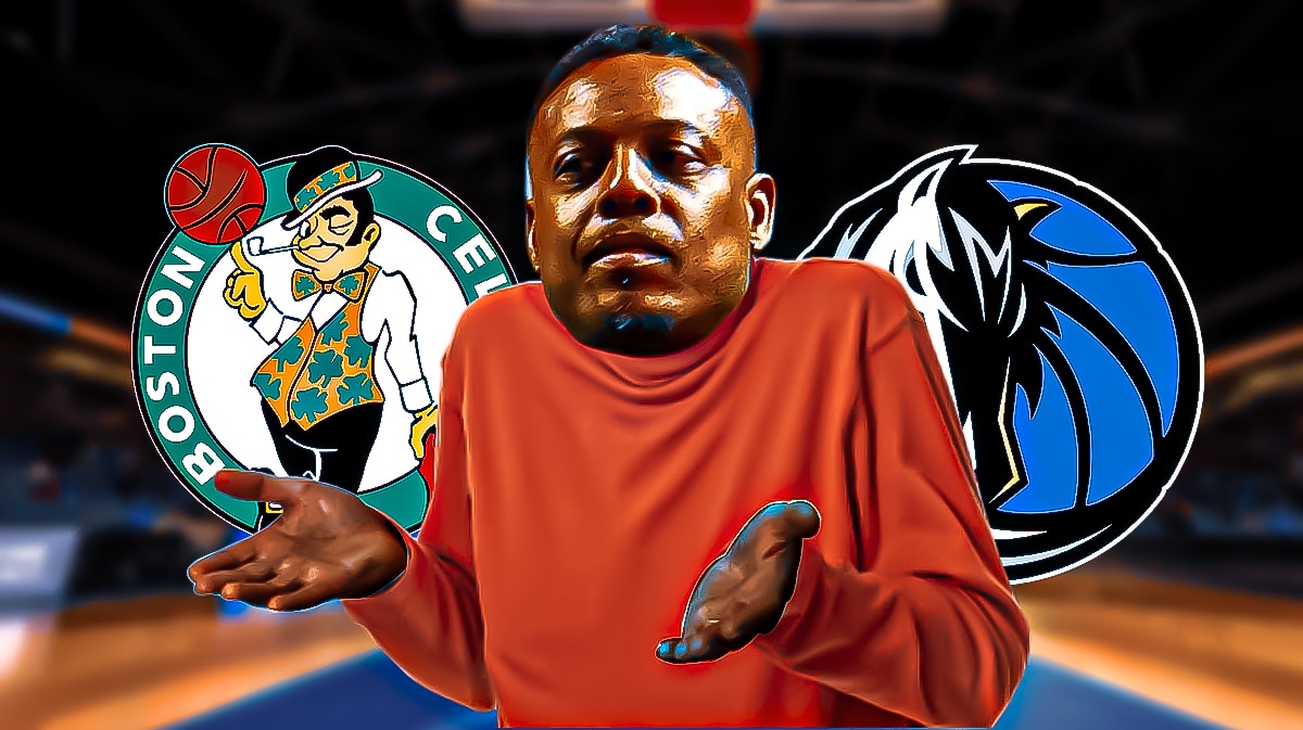 Paul Pierce as the old man meme shrugging. Celtics and Mavericks logos in the background