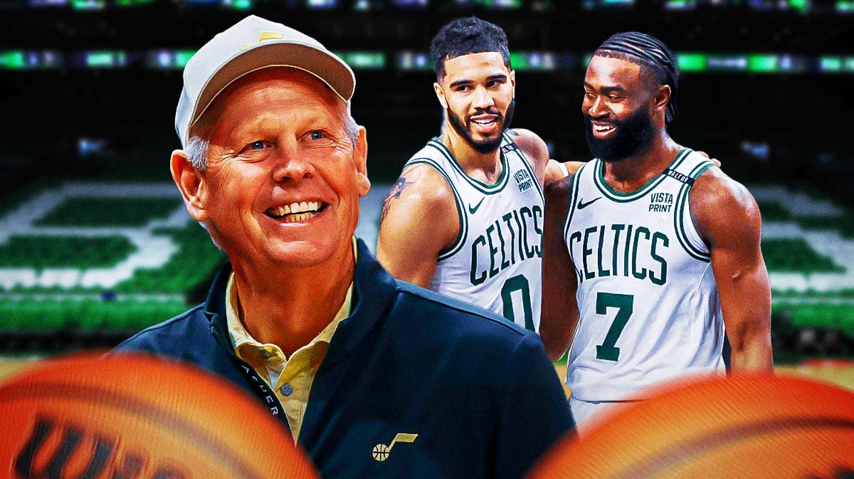 Danny Ainge next to Celtics Jayson Tatum and Jaylen Brown
