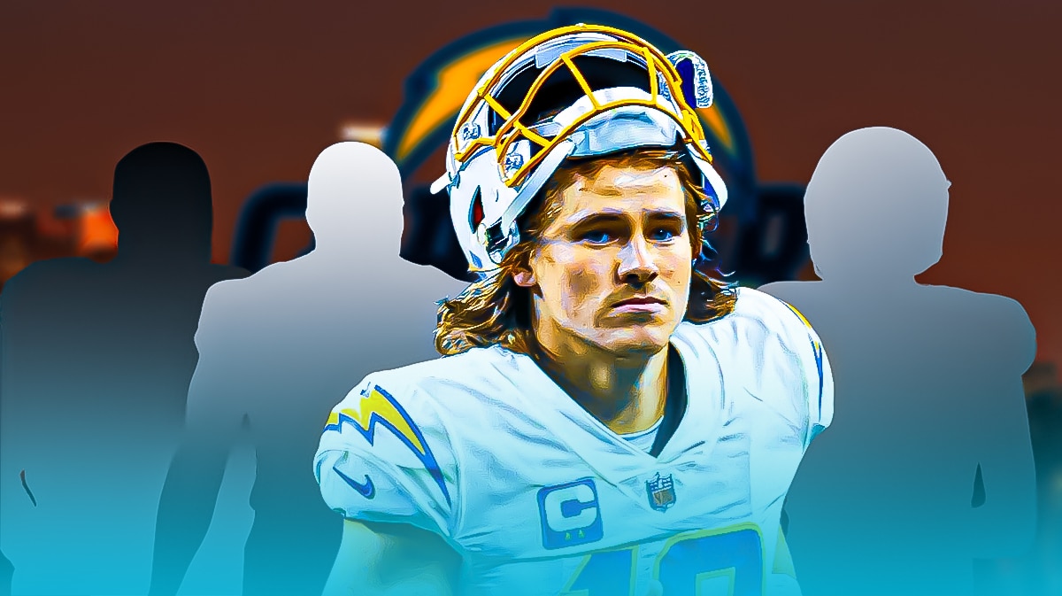 Justin Herbert in the middle, 3 mystery players around him, Los Angeles Chargers wallpaper in the background