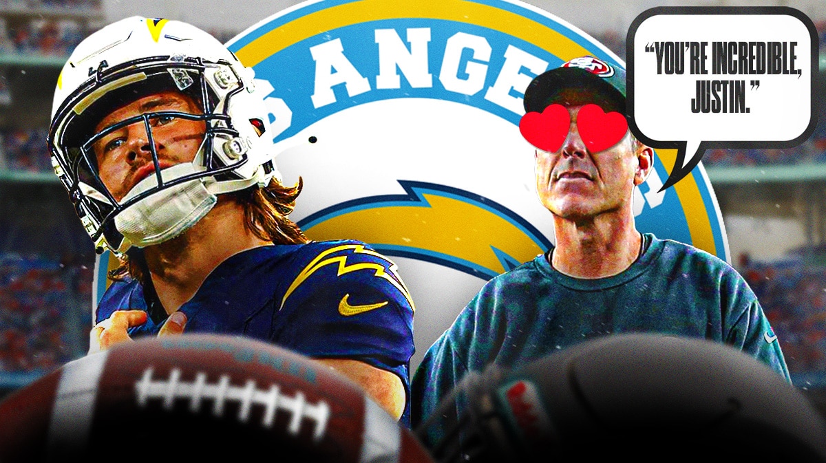 Los Angeles Chargers head coach Jim Harbaugh with QB Justin Herbert. Harbaugh has heart emojis over his eyes and has a speech bubble that says “You’re incredible, Justin.” There is also a logo for the Los Angeles Chargers.