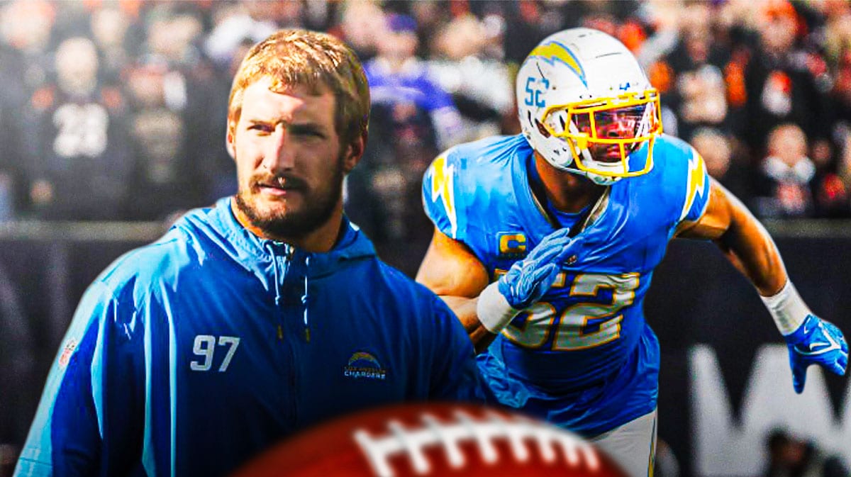 Los Angeles Chargers stars Joey Bosa and Khalil Mack in front of SoFi Stadium.