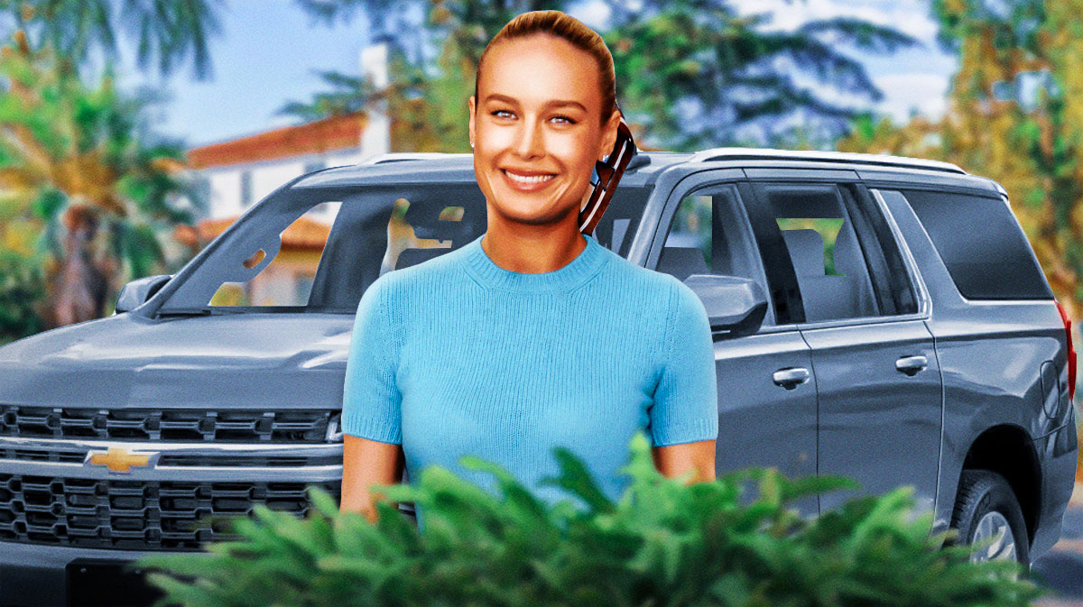 Brie Larson in front of a car from her collection.