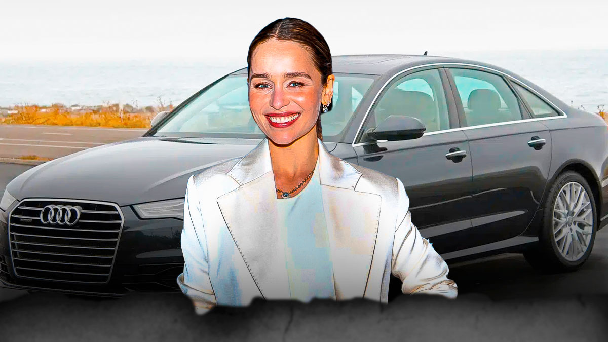Emilia Clarke in front of a car from her collection.