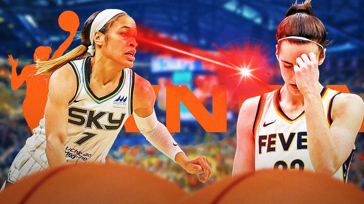 Chicago Sky guard Chennedy Carter with Indiana Fever guard Caitlin Clark. Carter is shooting laser beams out of her eyes at Clark. There is also a logo for the WNBA.