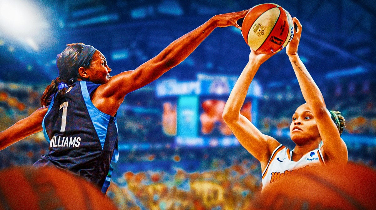 Sky center Elizabeth Williams blocks shot before injury, Angel Reese, Kamilla Cardoso in background
