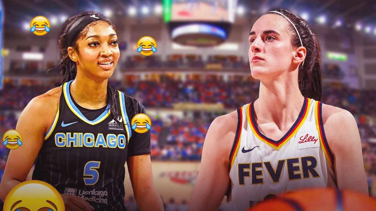 Angel Reese smiling with cry laughing emojis near her. Caitlin Clark looking serious next to her.