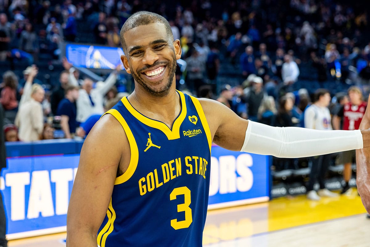 Golden State Warriors guard Chris Paul (3) celebrates after beating the Utah Jazz at Chase Center