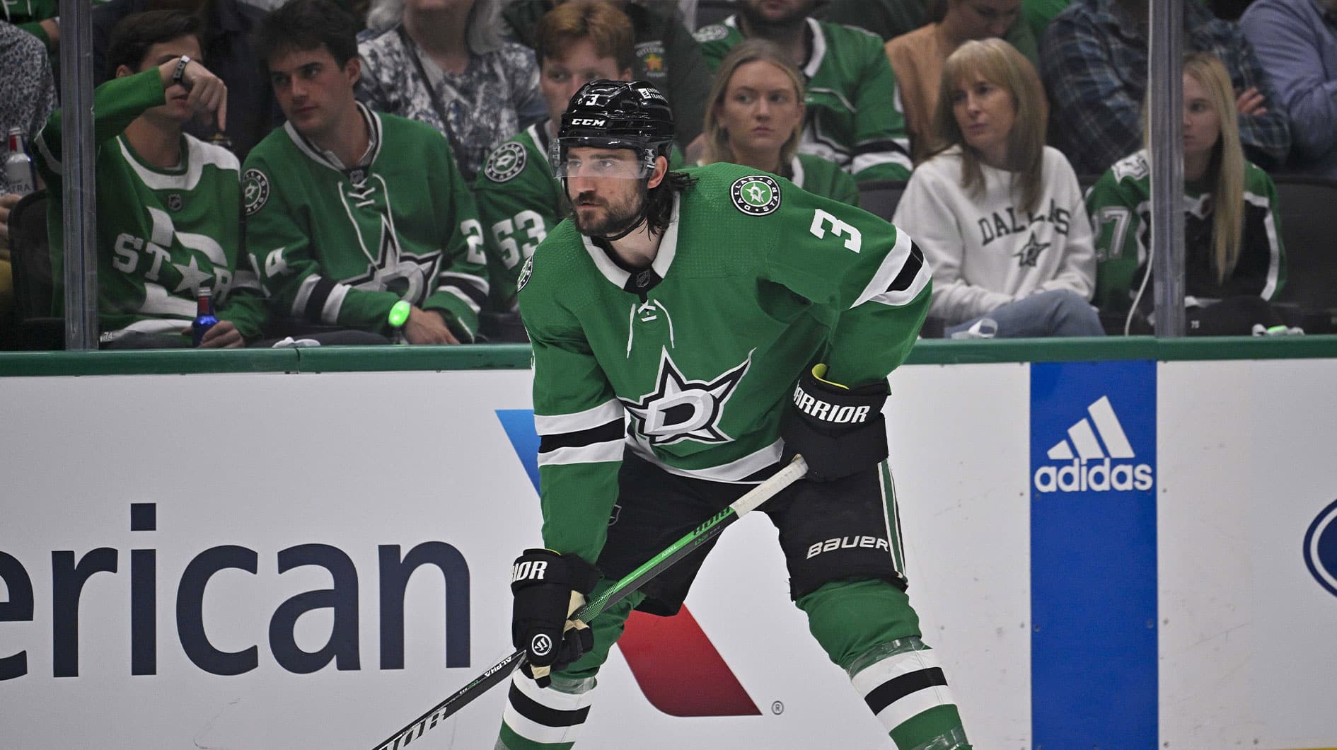 Dallas Stars defenseman Chris Tanev (3) in action during the game between the Dallas Stars and the Edmonton Oilers in game two of the Western Conference Final of the 2024 Stanley Cup Playoffs at American Airlines Center.