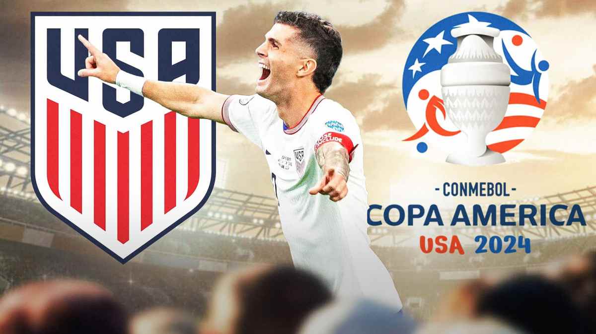 Christian Pulisic celebrating in front of the USMNT and Copa America logos