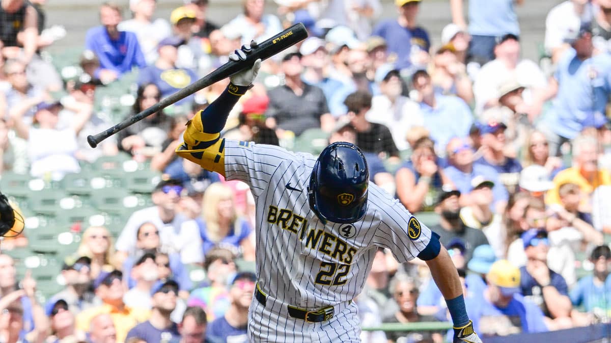 Milwaukee Brewers left fielder Christian Yelich (22) reacts after hitting a flyball in the third inning against the Chicago White Sox at American Family Field. 