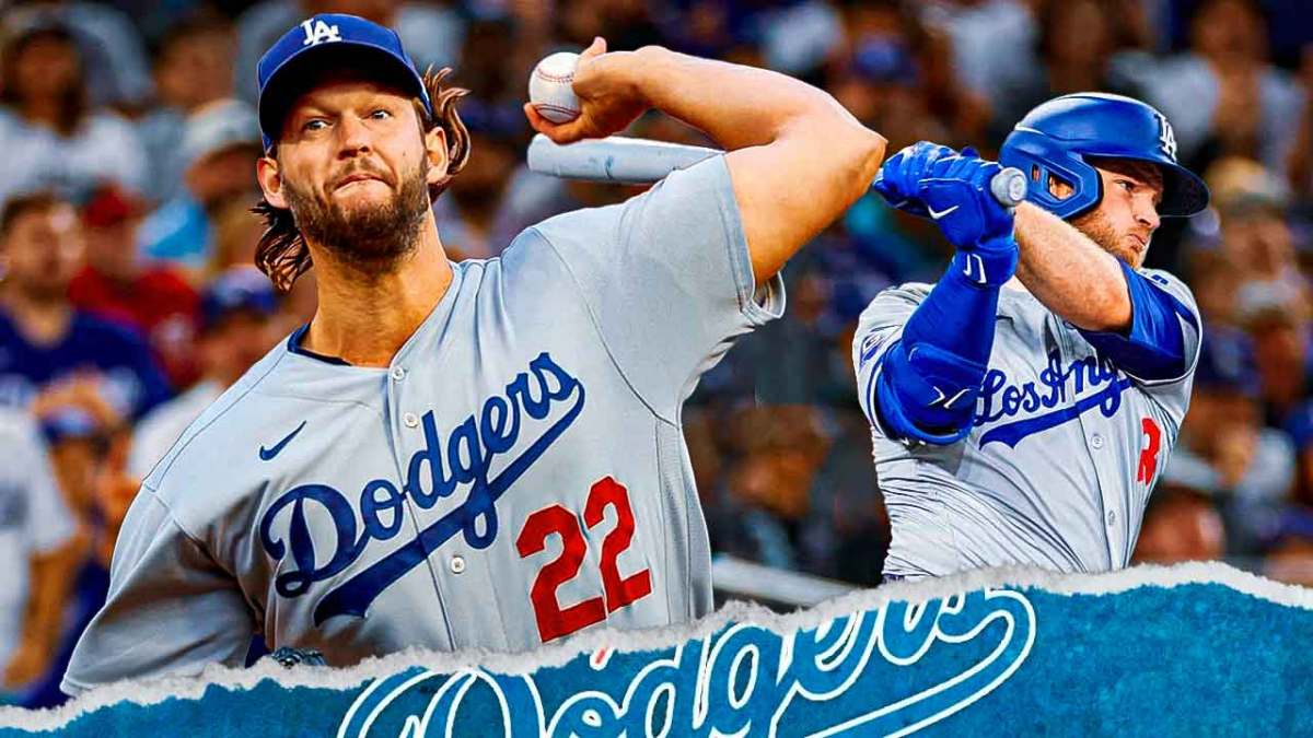 Dodgers Clayton Kershaw pitching a baseball on left, Dodgers Max Muncy swinging a baseball bat on right. Dodger Stadium background.