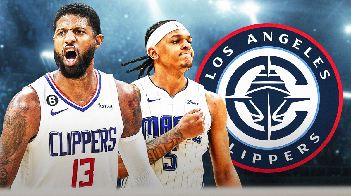 Clippers' Paul George stands next to Magic' Paolo Banchero, NBA free agency reporters in background
