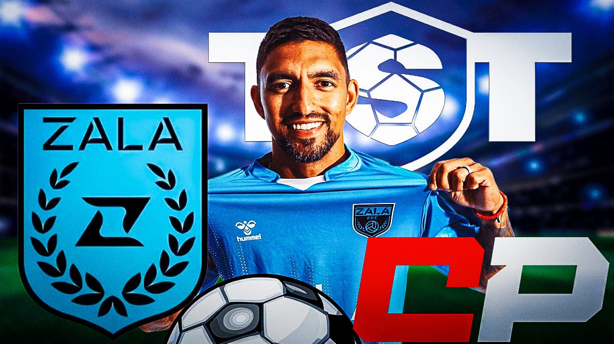 A.J. DeLaGarza wearing Zala (the soccer tournament) gear. In front of him is the Zala logo. In front is the ClutchPoints logo. Background is The Soccer Tournament logo.