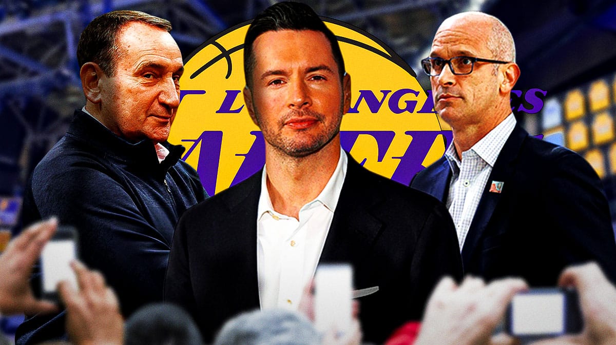 Dan Hurley, Mike Krzyzewski, and JJ Redick stands next to Lakers logo amid coach search
