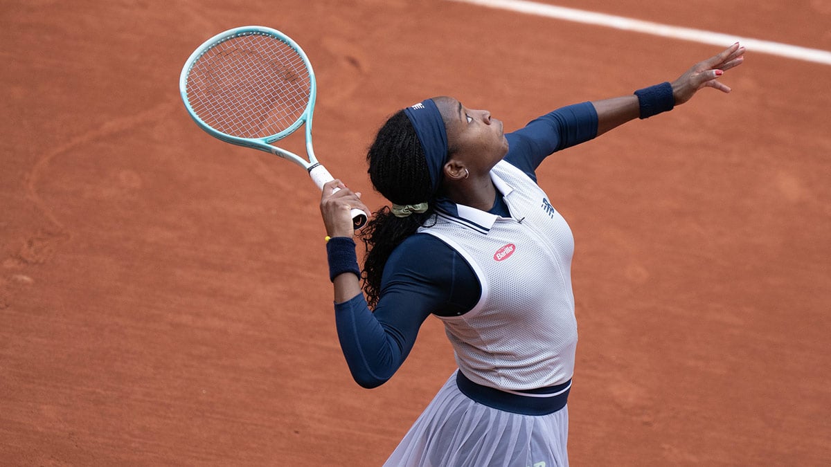 Coco Gauff of the United States serves the ball during her match against Dayana Yastremska of Ukraine (not pictured) on day six of Roland Garros.