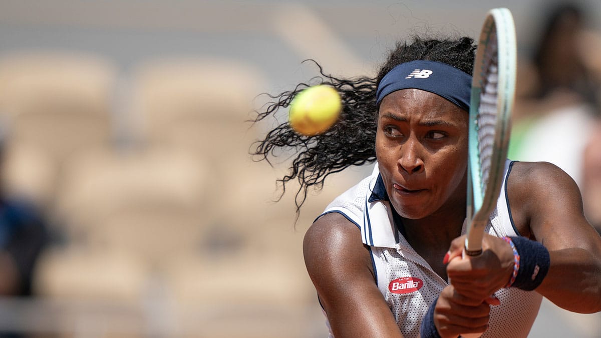 Coco Gauff of the United States returns a shot during her match against Ons Jabeur of Tunisia on day 10 of Roland Garros.