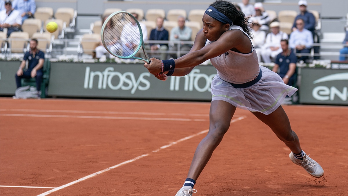 Coco Gauff of the United States returns a shot during her match against Ons Jabeur of Tunisia on day 10 of Roland Garros.