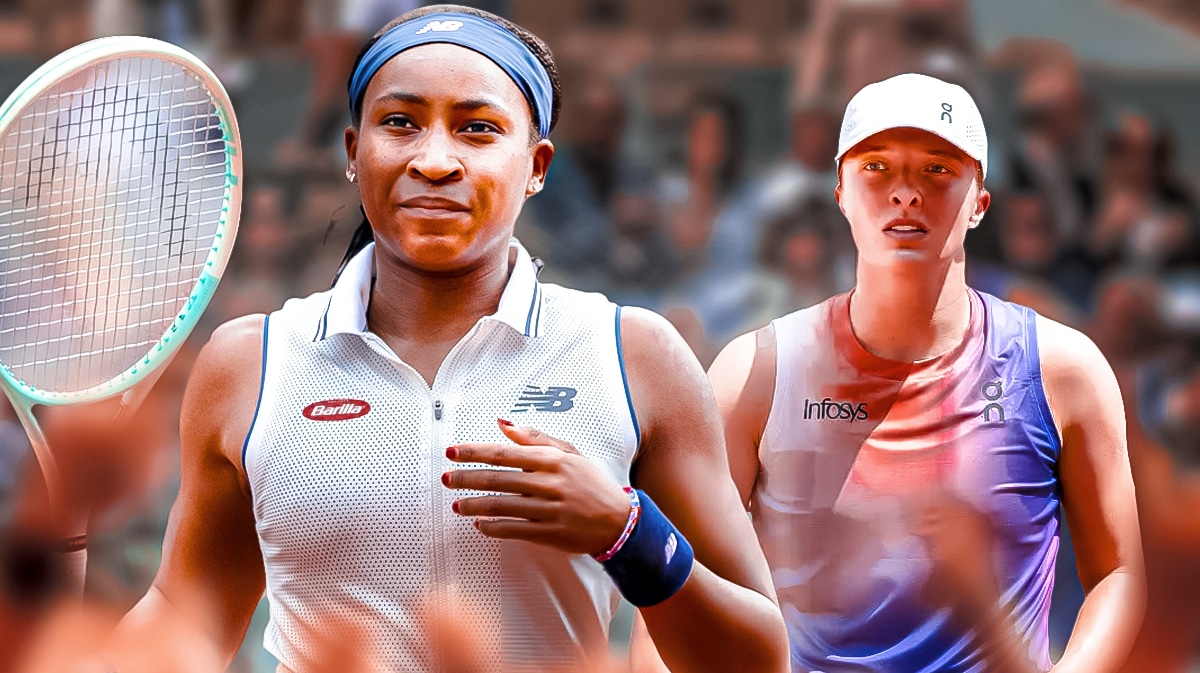 Women's tennis player Coco Gauff in the foreground, looking excited/happy/amped up, and women's tennis player Iga Swiatek in the background