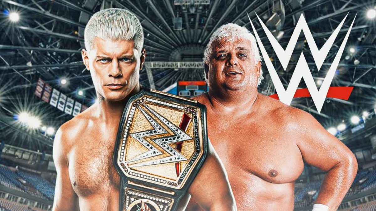 Cody Rhodes next to Dusty Rhodes inside of Madison Square Garden with the WWE logo in the background.