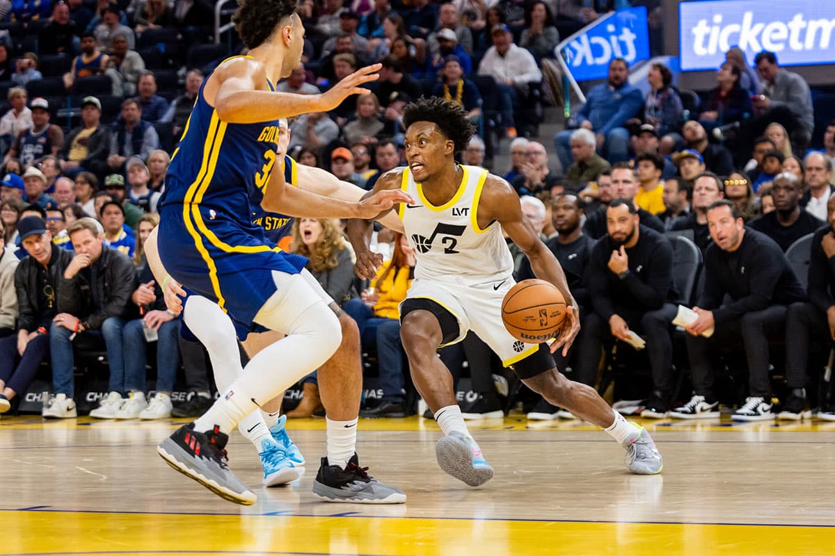 Utah Jazz guard Collin Sexton (2) dribbles during the fourth quarter against the Golden State Warriors at Chase Center. 
