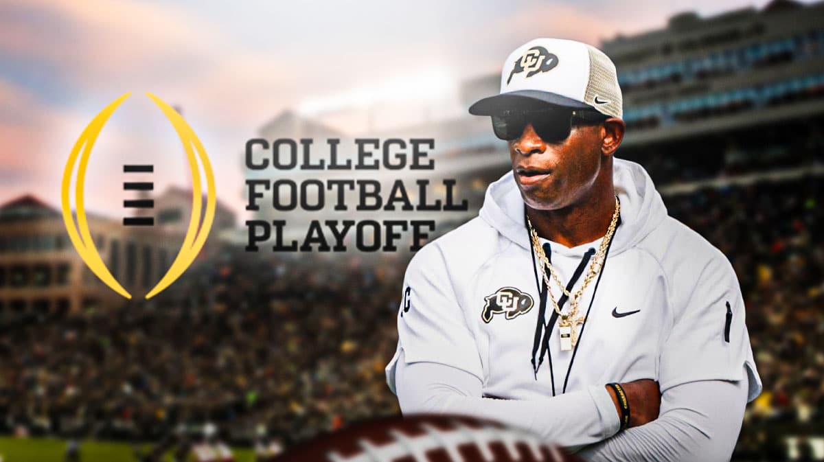 Colorado football, Buffaloes, Deion Sanders, Deion Sanders Colorado, David Bakhtiari, Deion Sanders and College Football Playoff logo with Colorado football stadium in the background