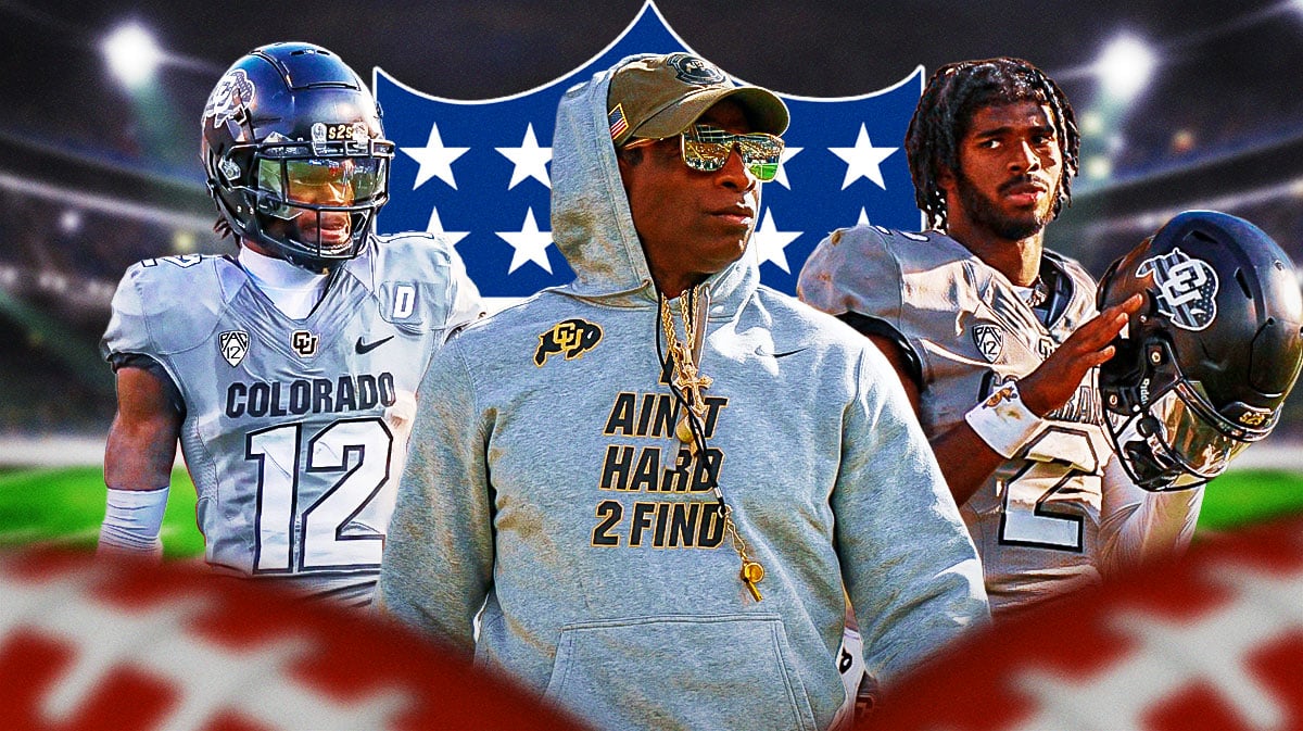 Deion Sanders, Shedeur Sanders, Travis Hunter. NFL logo in the background