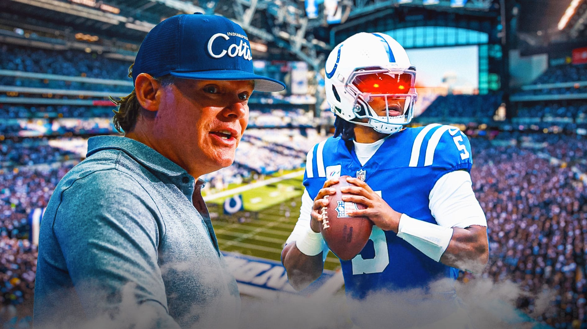 Colts GM Chris Ballard next to Anthony Richardson, who has laser eyes
