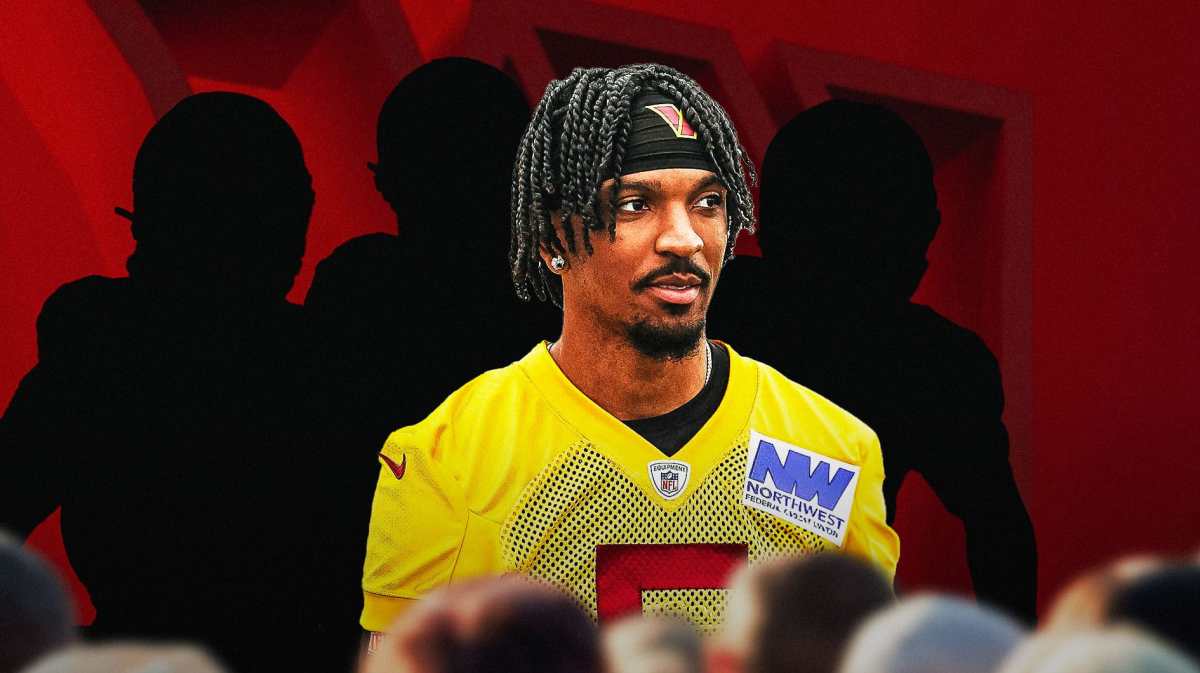Jayden Daniels in the middle, 3 mystery players around him, Washington Commanders wallpaper in the background