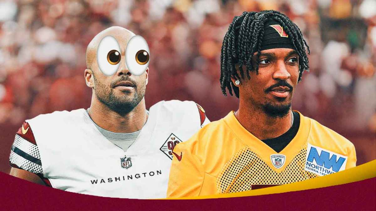 Austin Ekeler in a Commanders uniform with eyeball emojis looking at Jayden Daniels