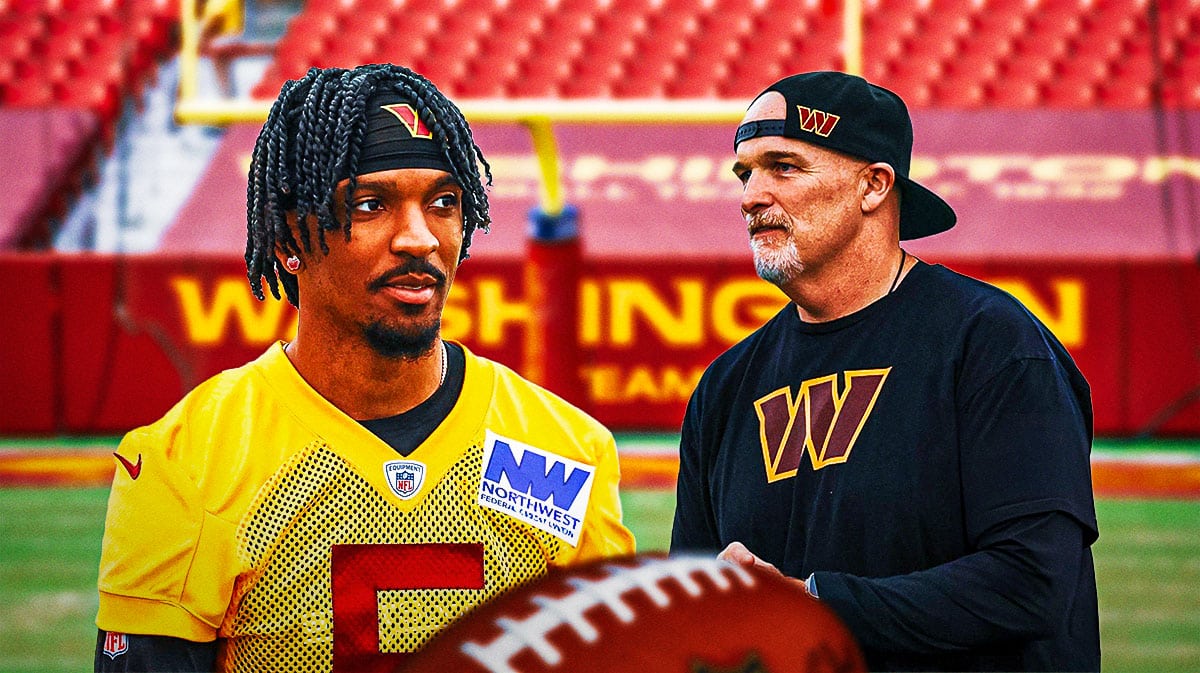 Jayden Daniels and Dan Quinn with Commanders Field in background