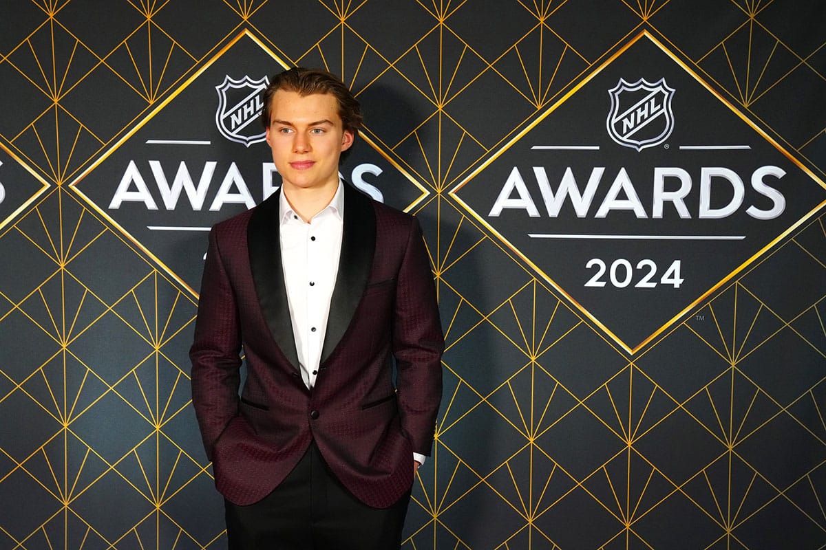 Connor Bedard appears on a red carpet before the start of the 2024 NHL Awards at Fontainebleau Las Vegas.